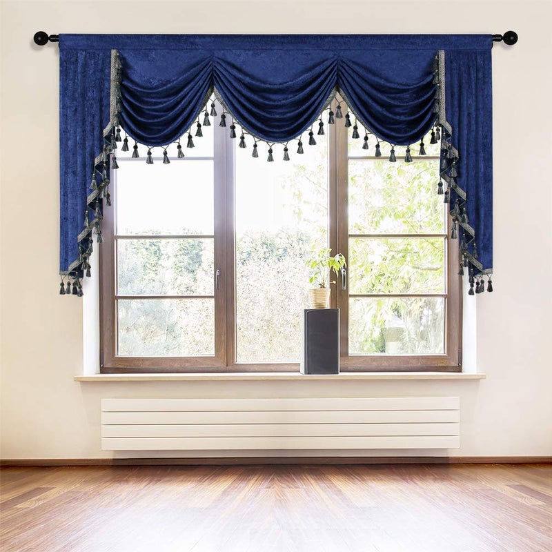 ELKCA Thick Chenille Royal Blue Window Curtains Valance for Living Room Swag Waterfall Valance for Bedroom (W79inch, 1 Panel) - Image 1